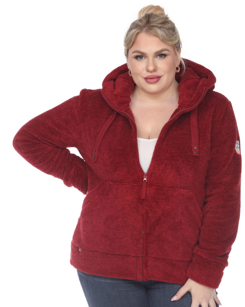 Front of a model wearing a size 1X Hooded Sherpa Jacket in Red by White Mark. | dia_product_style_image_id:247259